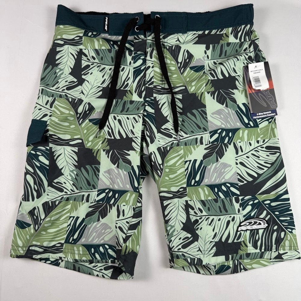 Pipeline Tropical Leaf Board Shorts Green Black Mens Medium Cargo Pocket NWT